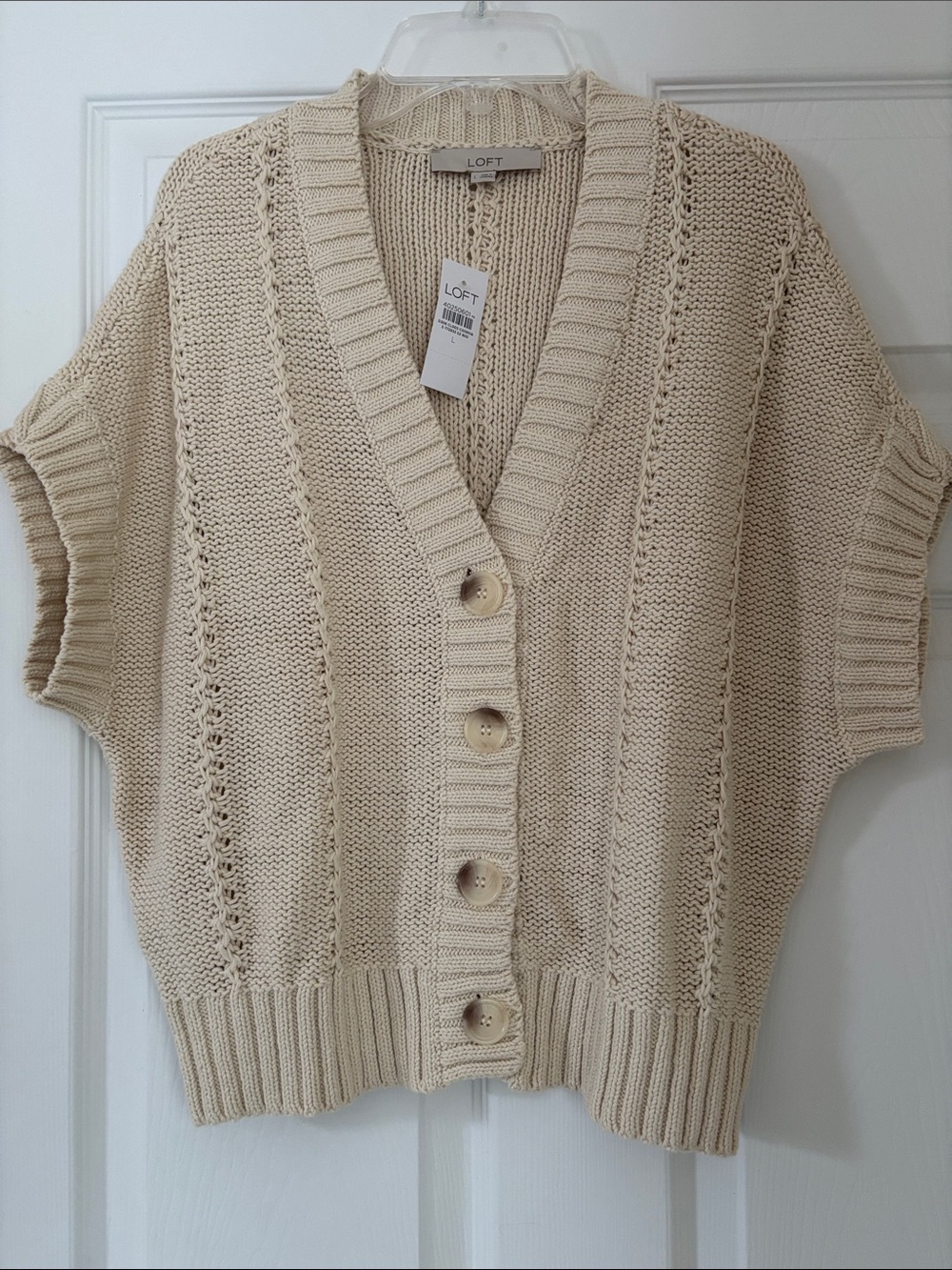 LOFT Cream Short-Sleeve Button Front Knit Sweater